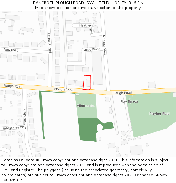 BANCROFT, PLOUGH ROAD, SMALLFIELD, HORLEY, RH6 9JN: Location map and indicative extent of plot