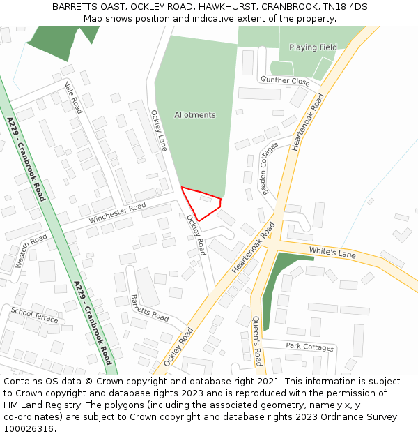 BARRETTS OAST, OCKLEY ROAD, HAWKHURST, CRANBROOK, TN18 4DS: Location map and indicative extent of plot