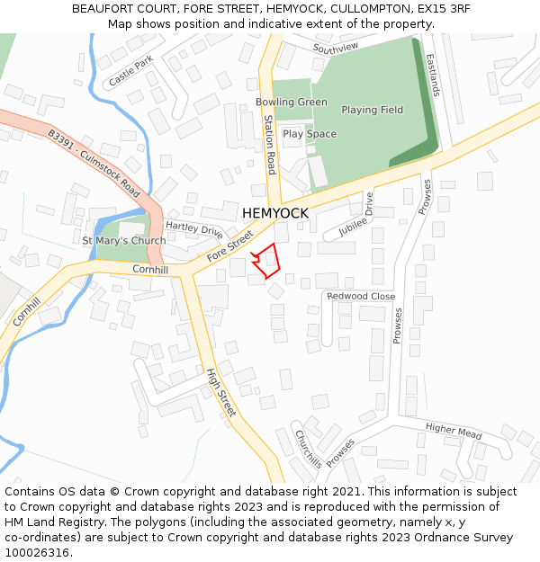 BEAUFORT COURT, FORE STREET, HEMYOCK, CULLOMPTON, EX15 3RF: Location map and indicative extent of plot