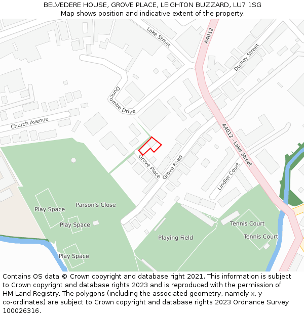 BELVEDERE HOUSE, GROVE PLACE, LEIGHTON BUZZARD, LU7 1SG: Location map and indicative extent of plot