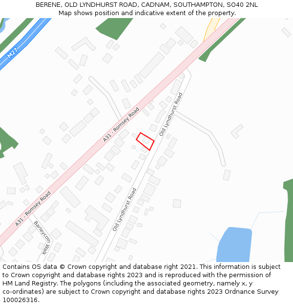 BERENE, OLD LYNDHURST ROAD, CADNAM, SOUTHAMPTON, SO40 2NL: Location map and indicative extent of plot