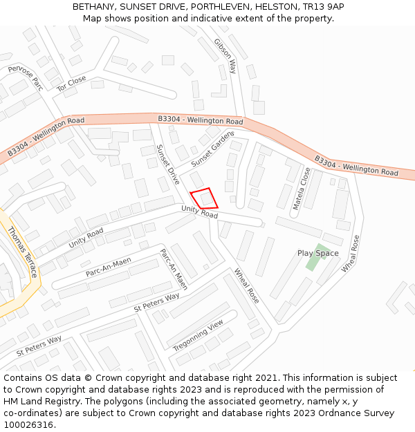 BETHANY, SUNSET DRIVE, PORTHLEVEN, HELSTON, TR13 9AP: Location map and indicative extent of plot