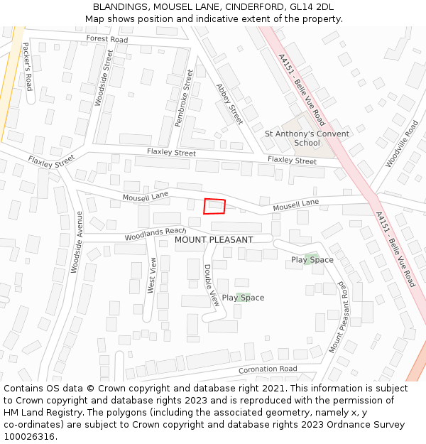 BLANDINGS, MOUSEL LANE, CINDERFORD, GL14 2DL: Location map and indicative extent of plot