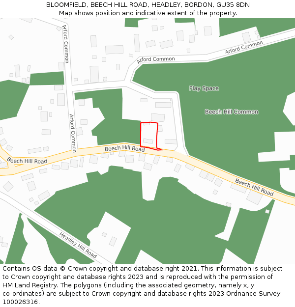 BLOOMFIELD, BEECH HILL ROAD, HEADLEY, BORDON, GU35 8DN: Location map and indicative extent of plot