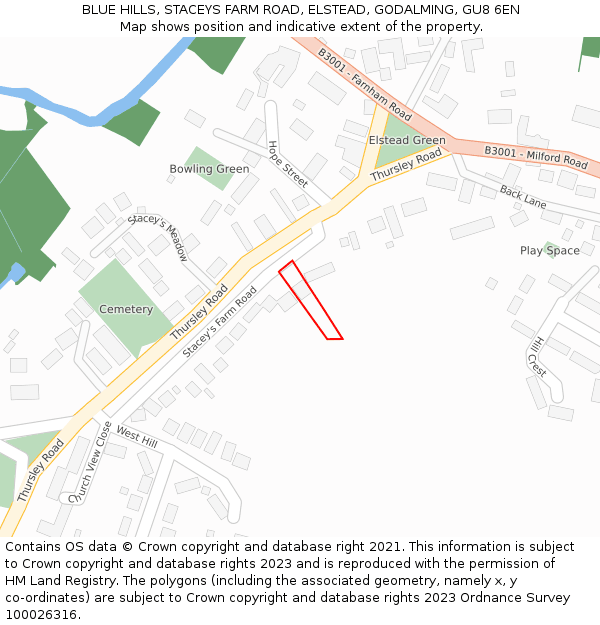 BLUE HILLS, STACEYS FARM ROAD, ELSTEAD, GODALMING, GU8 6EN: Location map and indicative extent of plot