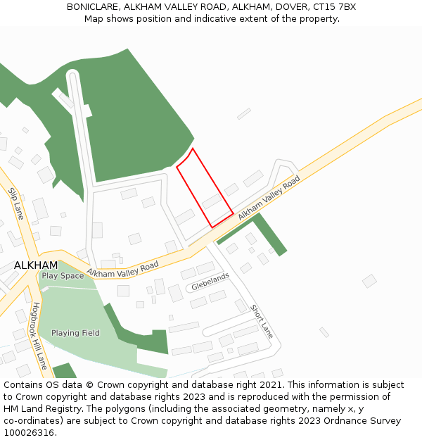 BONICLARE, ALKHAM VALLEY ROAD, ALKHAM, DOVER, CT15 7BX: Location map and indicative extent of plot