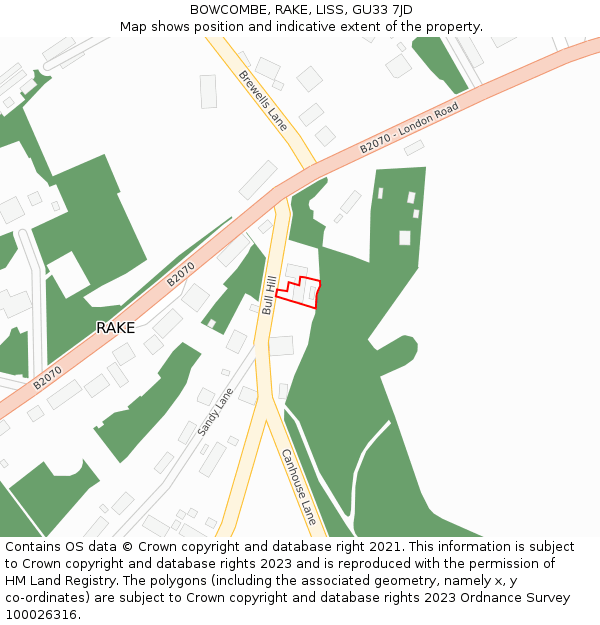 BOWCOMBE, RAKE, LISS, GU33 7JD: Location map and indicative extent of plot