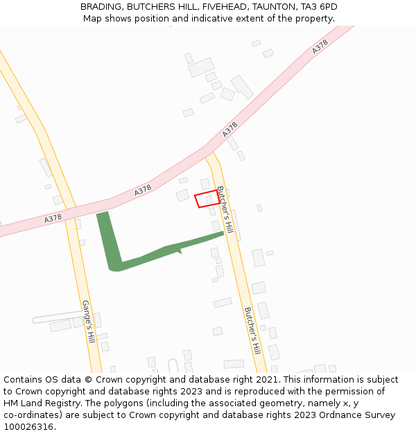 BRADING, BUTCHERS HILL, FIVEHEAD, TAUNTON, TA3 6PD: Location map and indicative extent of plot