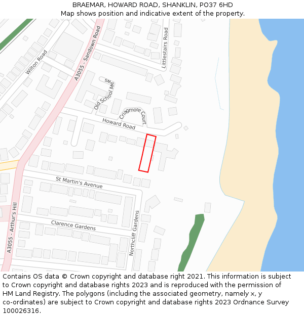 BRAEMAR, HOWARD ROAD, SHANKLIN, PO37 6HD: Location map and indicative extent of plot