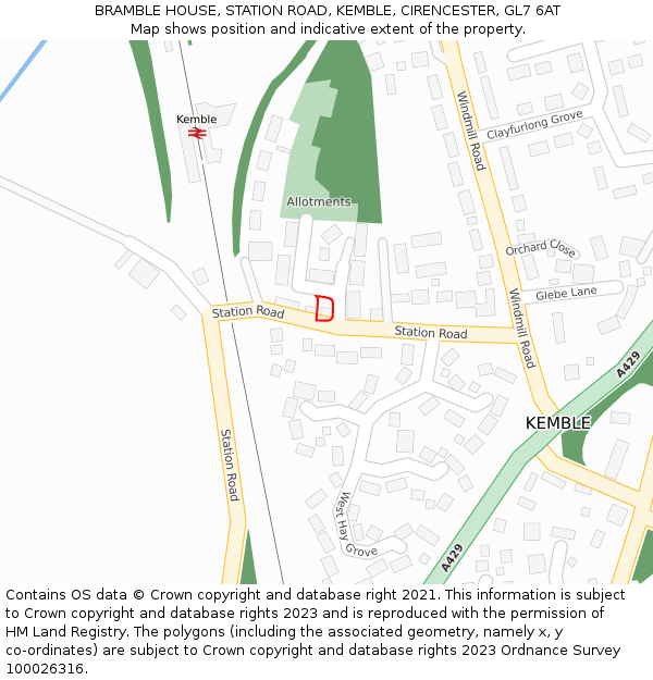 BRAMBLE HOUSE, STATION ROAD, KEMBLE, CIRENCESTER, GL7 6AT: Location map and indicative extent of plot