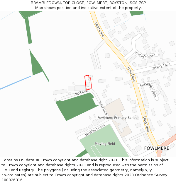 BRAMBLEDOWN, TOP CLOSE, FOWLMERE, ROYSTON, SG8 7SP: Location map and indicative extent of plot