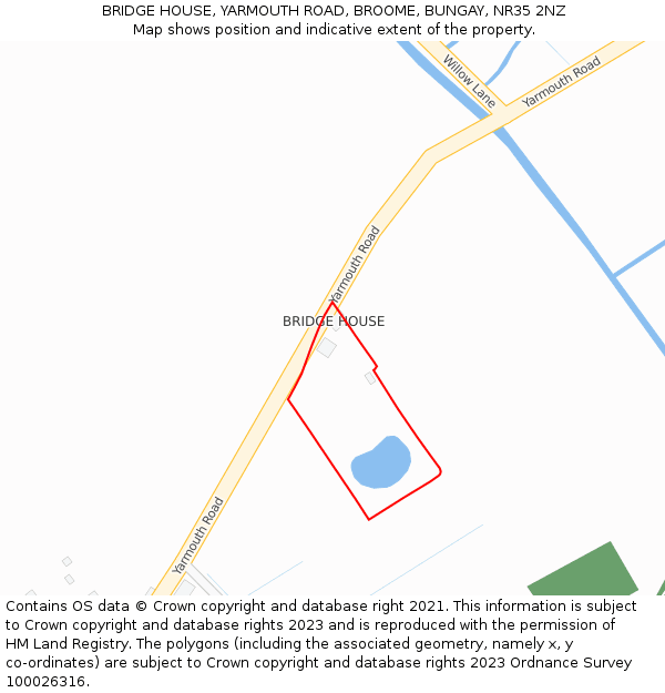 BRIDGE HOUSE, YARMOUTH ROAD, BROOME, BUNGAY, NR35 2NZ: Location map and indicative extent of plot