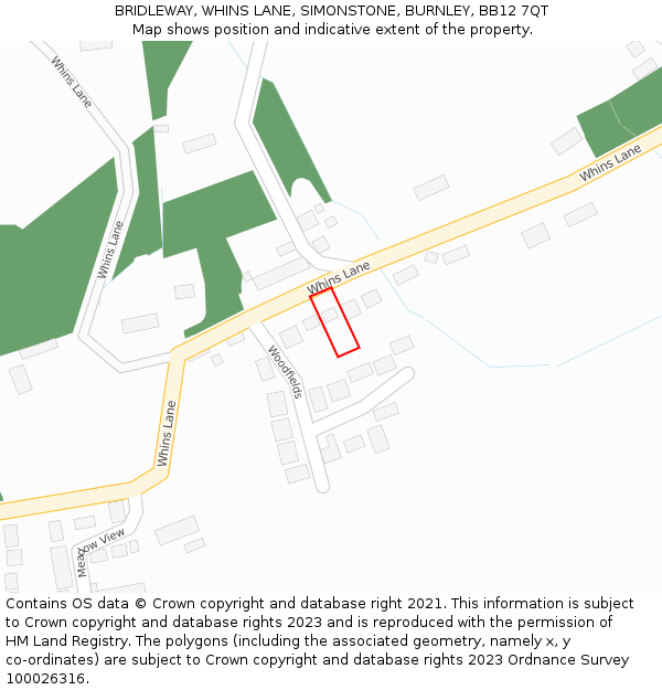 BRIDLEWAY, WHINS LANE, SIMONSTONE, BURNLEY, BB12 7QT: Location map and indicative extent of plot