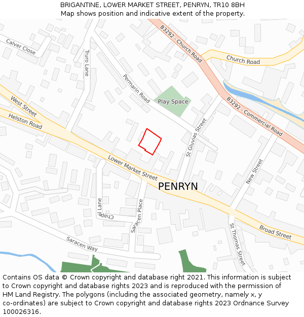 BRIGANTINE, LOWER MARKET STREET, PENRYN, TR10 8BH: Location map and indicative extent of plot