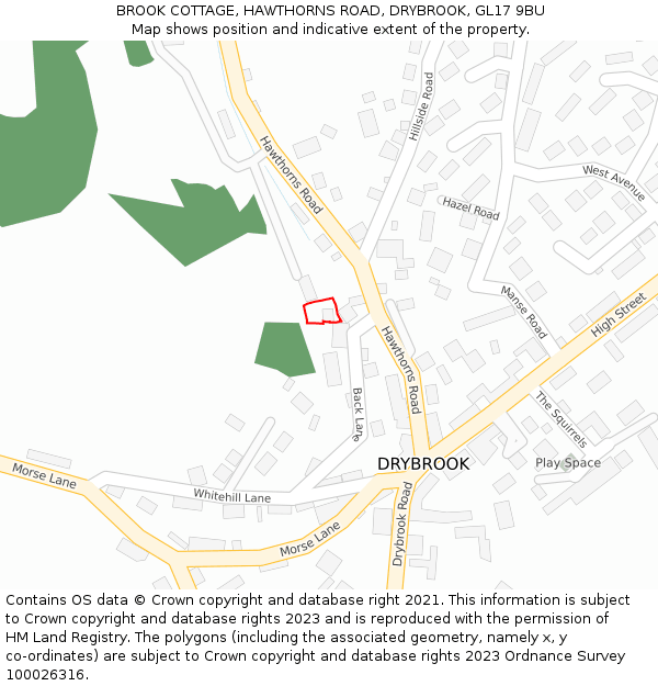 BROOK COTTAGE, HAWTHORNS ROAD, DRYBROOK, GL17 9BU: Location map and indicative extent of plot