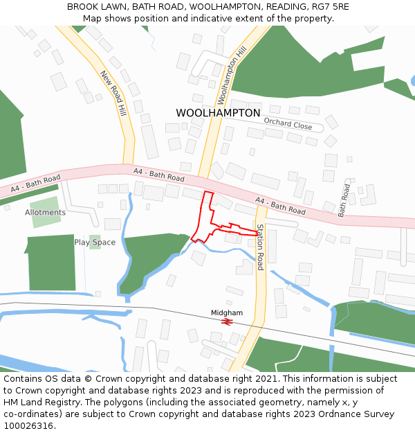 BROOK LAWN, BATH ROAD, WOOLHAMPTON, READING, RG7 5RE: Location map and indicative extent of plot