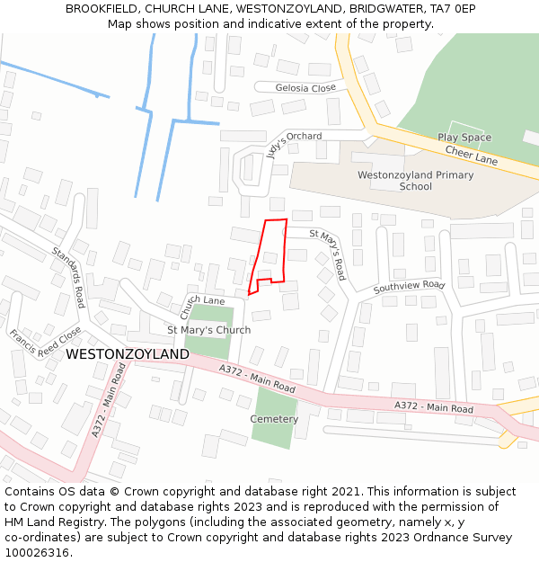 BROOKFIELD, CHURCH LANE, WESTONZOYLAND, BRIDGWATER, TA7 0EP: Location map and indicative extent of plot