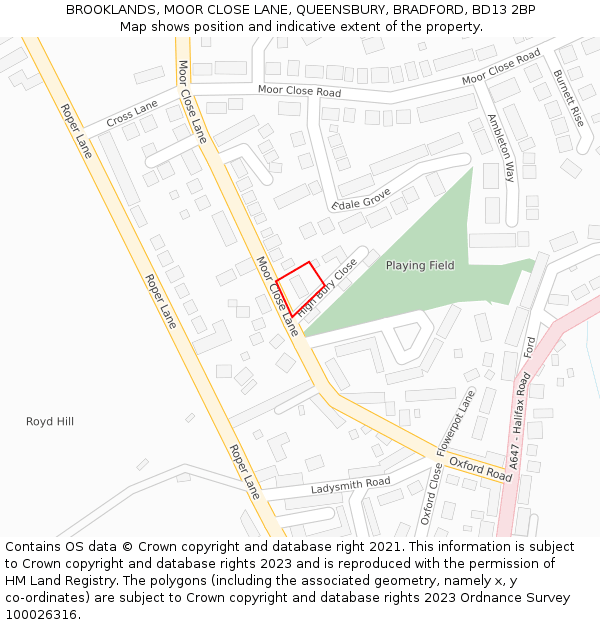 BROOKLANDS, MOOR CLOSE LANE, QUEENSBURY, BRADFORD, BD13 2BP: Location map and indicative extent of plot