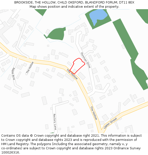 BROOKSIDE, THE HOLLOW, CHILD OKEFORD, BLANDFORD FORUM, DT11 8EX: Location map and indicative extent of plot