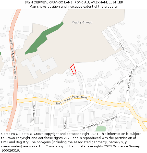 BRYN DERWEN, GRANGO LANE, PONCIAU, WREXHAM, LL14 1ER: Location map and indicative extent of plot