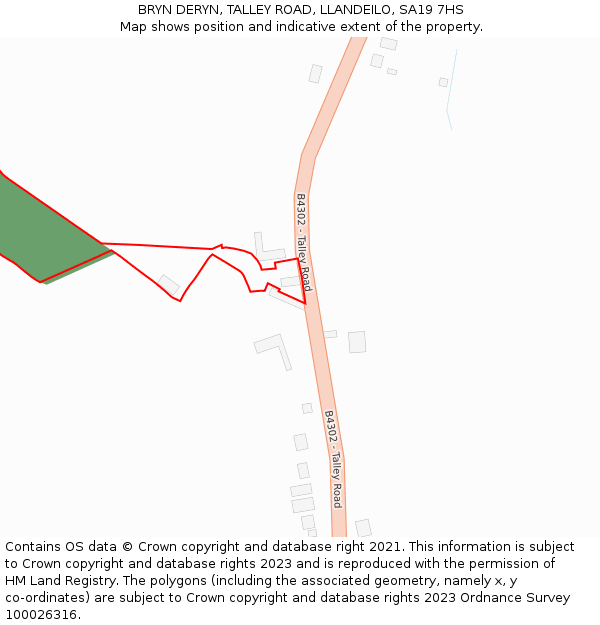 BRYN DERYN, TALLEY ROAD, LLANDEILO, SA19 7HS: Location map and indicative extent of plot