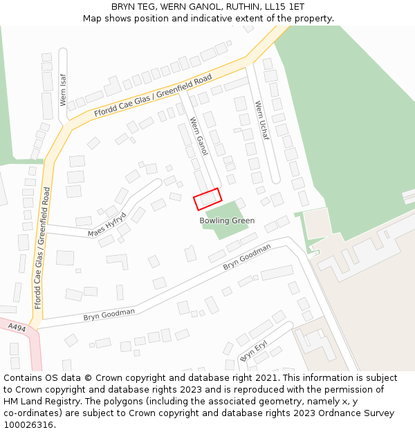 BRYN TEG, WERN GANOL, RUTHIN, LL15 1ET: Location map and indicative extent of plot