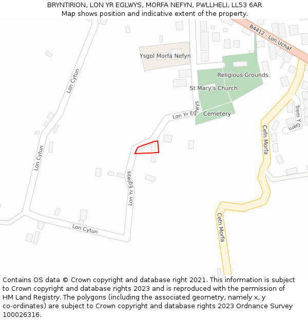 BRYNTIRION, LON YR EGLWYS, MORFA NEFYN, PWLLHELI, LL53 6AR: Location map and indicative extent of plot