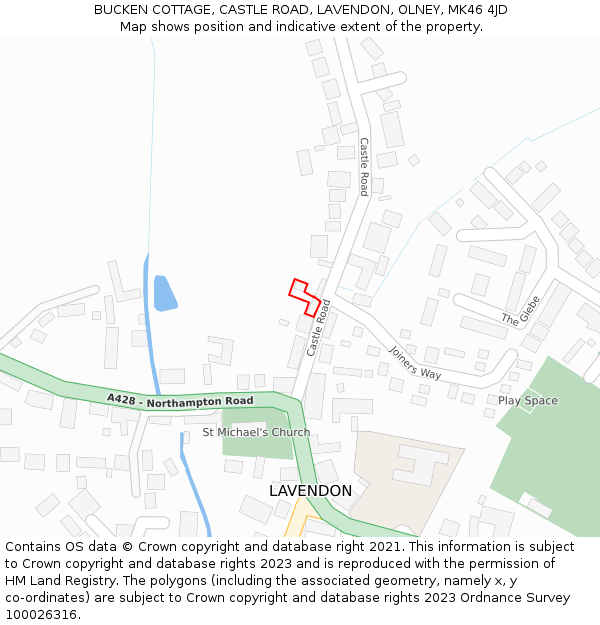 BUCKEN COTTAGE, CASTLE ROAD, LAVENDON, OLNEY, MK46 4JD: Location map and indicative extent of plot