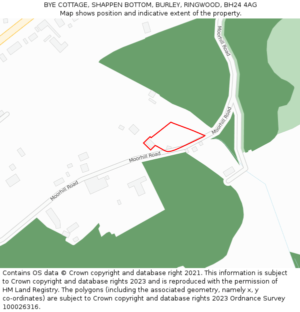 BYE COTTAGE, SHAPPEN BOTTOM, BURLEY, RINGWOOD, BH24 4AG: Location map and indicative extent of plot