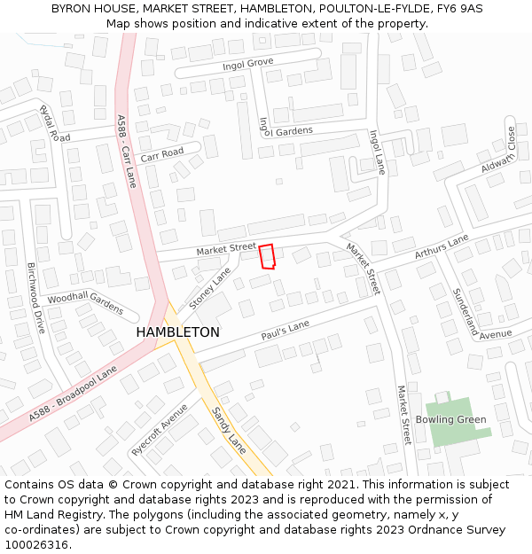 BYRON HOUSE, MARKET STREET, HAMBLETON, POULTON-LE-FYLDE, FY6 9AS: Location map and indicative extent of plot