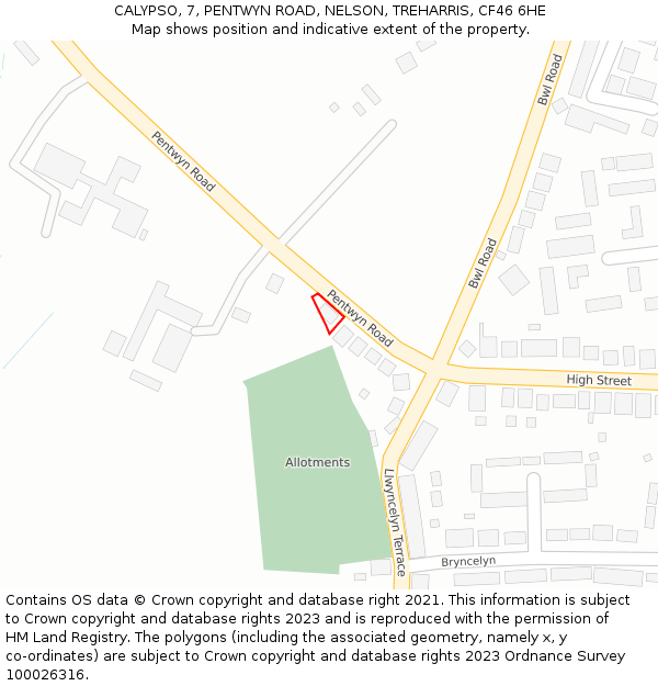 CALYPSO, 7, PENTWYN ROAD, NELSON, TREHARRIS, CF46 6HE: Location map and indicative extent of plot