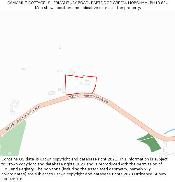 CAMOMILE COTTAGE, SHERMANBURY ROAD, PARTRIDGE GREEN, HORSHAM, RH13 8EU: Location map and indicative extent of plot