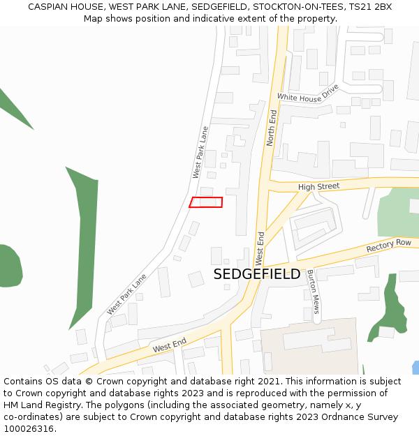 CASPIAN HOUSE, WEST PARK LANE, SEDGEFIELD, STOCKTON-ON-TEES, TS21 2BX: Location map and indicative extent of plot