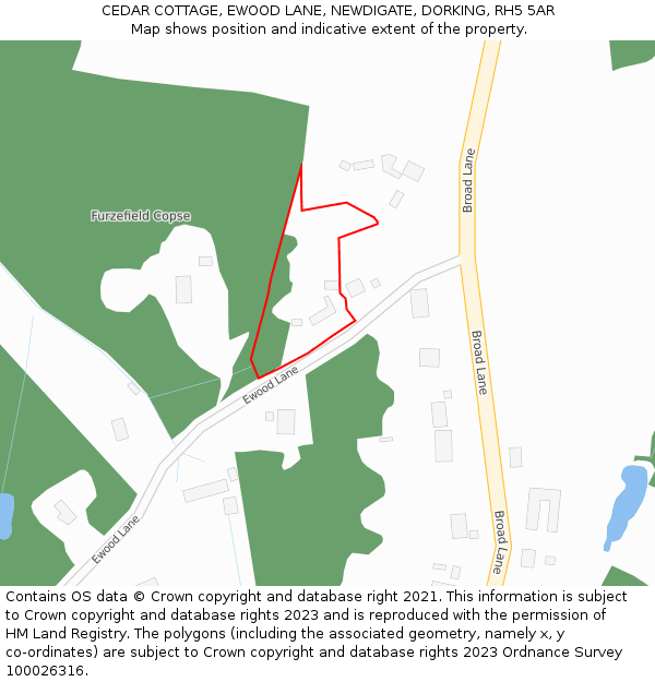 CEDAR COTTAGE, EWOOD LANE, NEWDIGATE, DORKING, RH5 5AR: Location map and indicative extent of plot