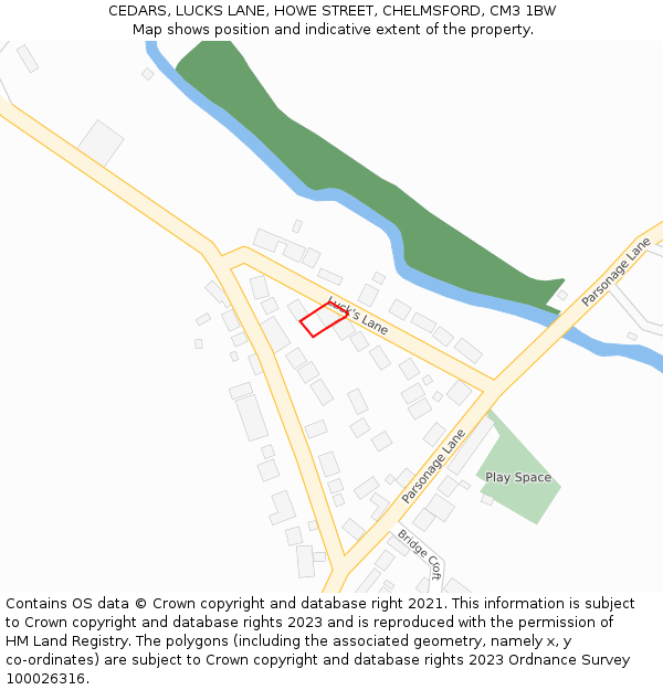 CEDARS, LUCKS LANE, HOWE STREET, CHELMSFORD, CM3 1BW: Location map and indicative extent of plot