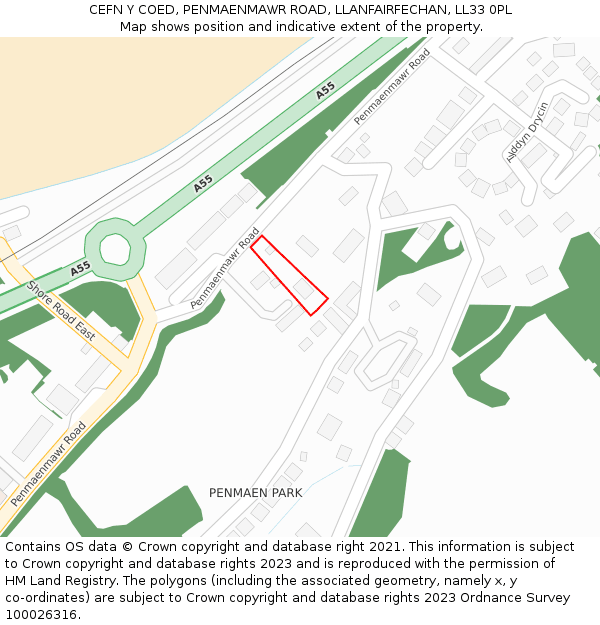 CEFN Y COED, PENMAENMAWR ROAD, LLANFAIRFECHAN, LL33 0PL: Location map and indicative extent of plot