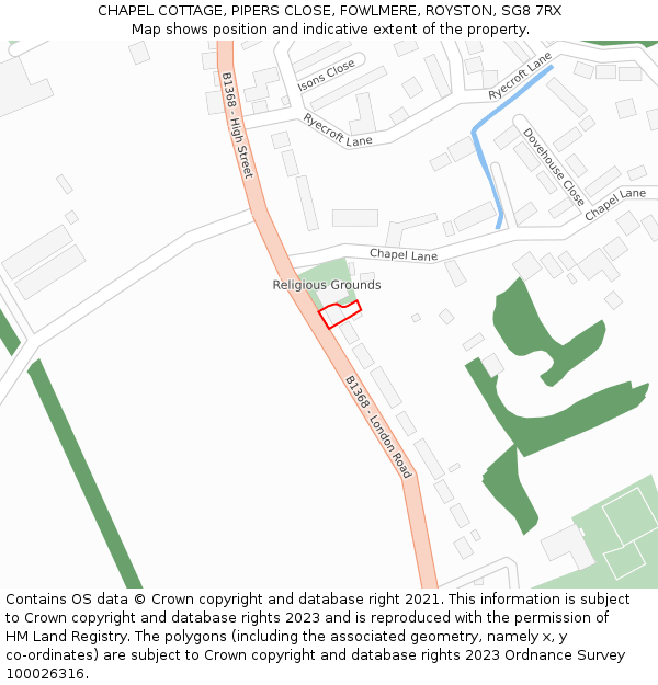 CHAPEL COTTAGE, PIPERS CLOSE, FOWLMERE, ROYSTON, SG8 7RX: Location map and indicative extent of plot