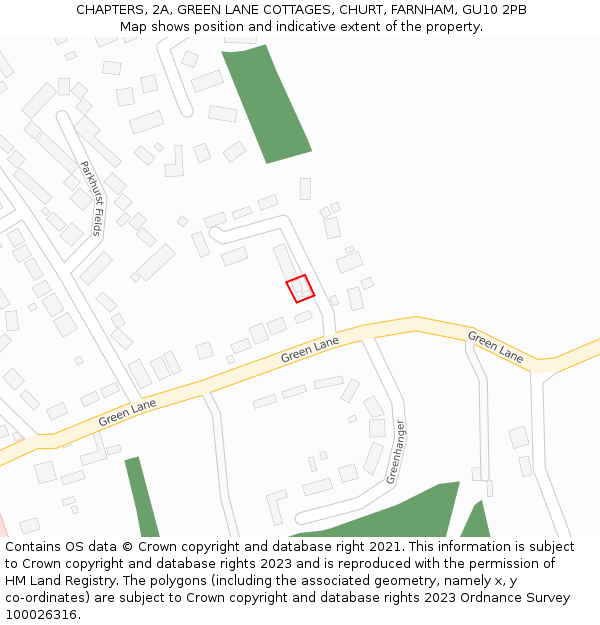 CHAPTERS, 2A, GREEN LANE COTTAGES, CHURT, FARNHAM, GU10 2PB: Location map and indicative extent of plot