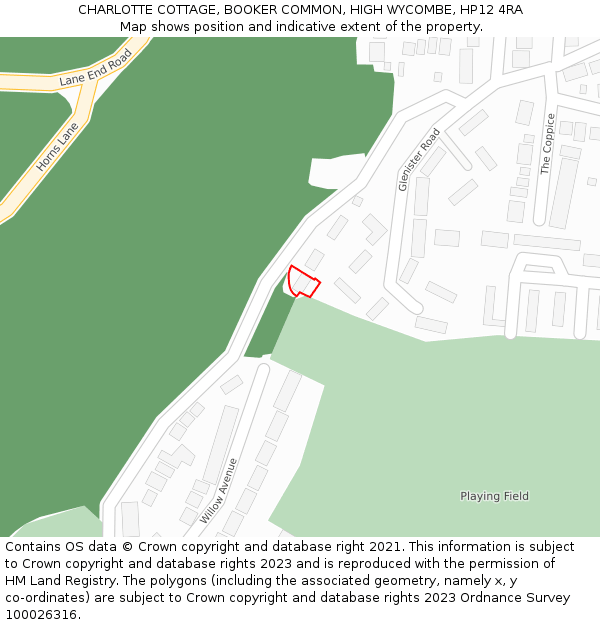 CHARLOTTE COTTAGE, BOOKER COMMON, HIGH WYCOMBE, HP12 4RA: Location map and indicative extent of plot