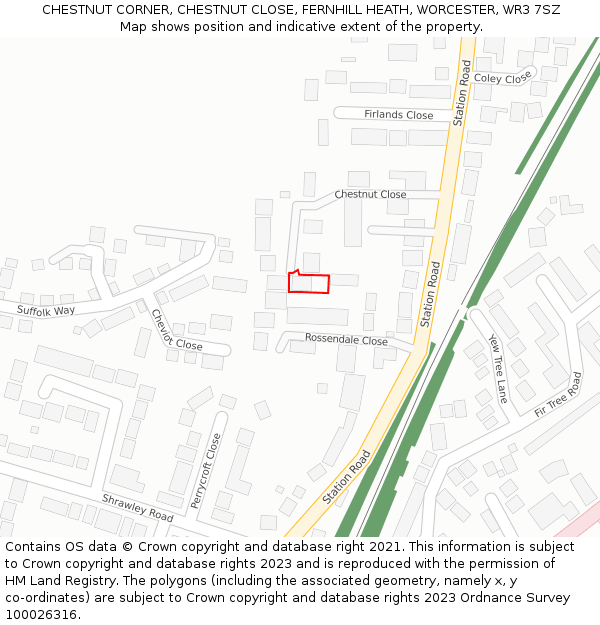 CHESTNUT CORNER, CHESTNUT CLOSE, FERNHILL HEATH, WORCESTER, WR3 7SZ: Location map and indicative extent of plot