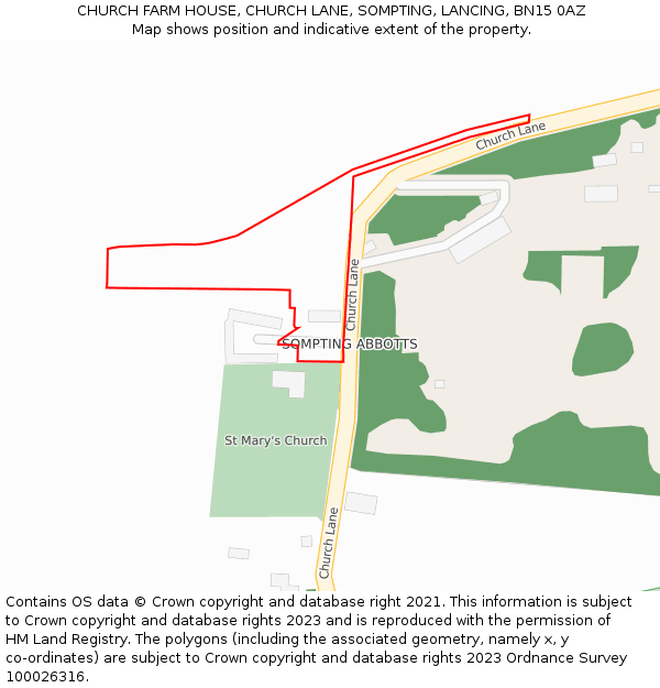 CHURCH FARM HOUSE, CHURCH LANE, SOMPTING, LANCING, BN15 0AZ: Location map and indicative extent of plot