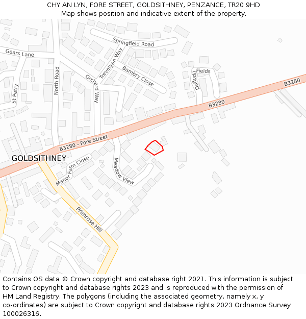 CHY AN LYN, FORE STREET, GOLDSITHNEY, PENZANCE, TR20 9HD: Location map and indicative extent of plot