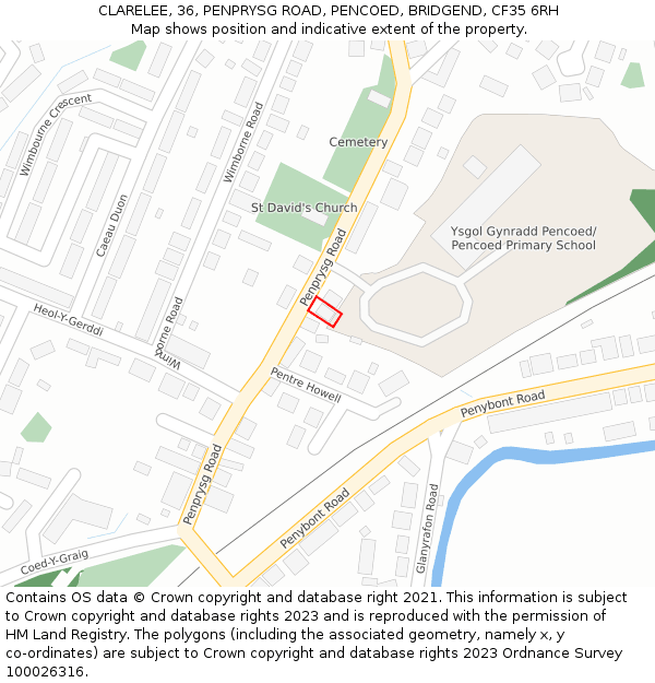 CLARELEE, 36, PENPRYSG ROAD, PENCOED, BRIDGEND, CF35 6RH: Location map and indicative extent of plot