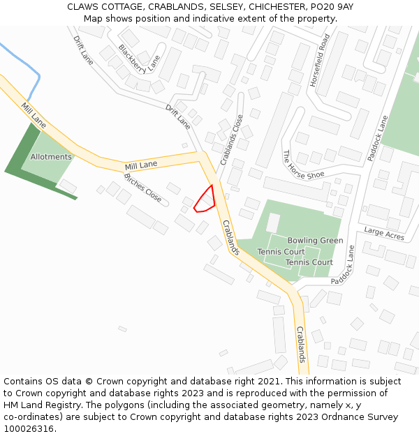 CLAWS COTTAGE, CRABLANDS, SELSEY, CHICHESTER, PO20 9AY: Location map and indicative extent of plot