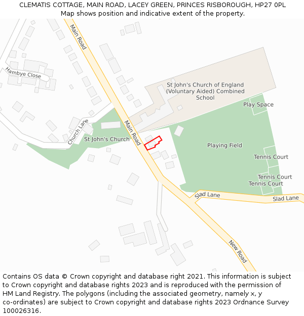 CLEMATIS COTTAGE, MAIN ROAD, LACEY GREEN, PRINCES RISBOROUGH, HP27 0PL: Location map and indicative extent of plot