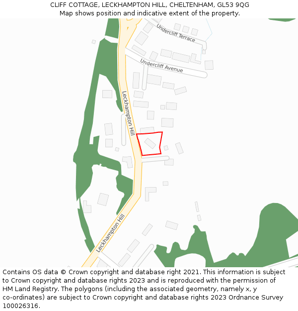 CLIFF COTTAGE, LECKHAMPTON HILL, CHELTENHAM, GL53 9QG: Location map and indicative extent of plot