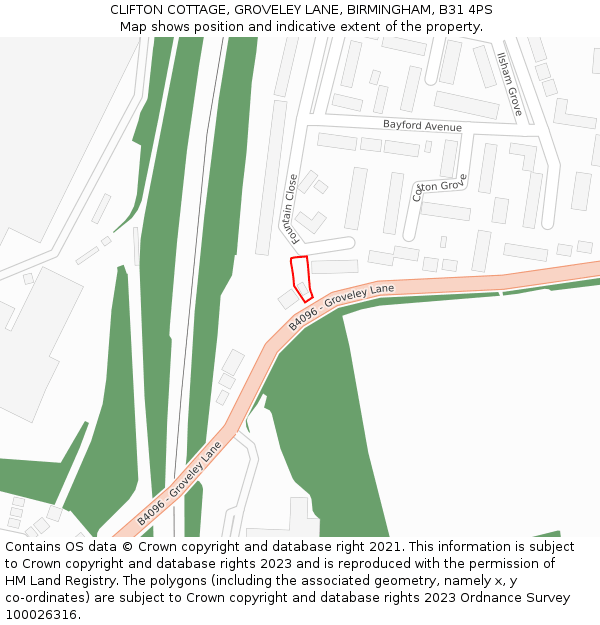 CLIFTON COTTAGE, GROVELEY LANE, BIRMINGHAM, B31 4PS: Location map and indicative extent of plot