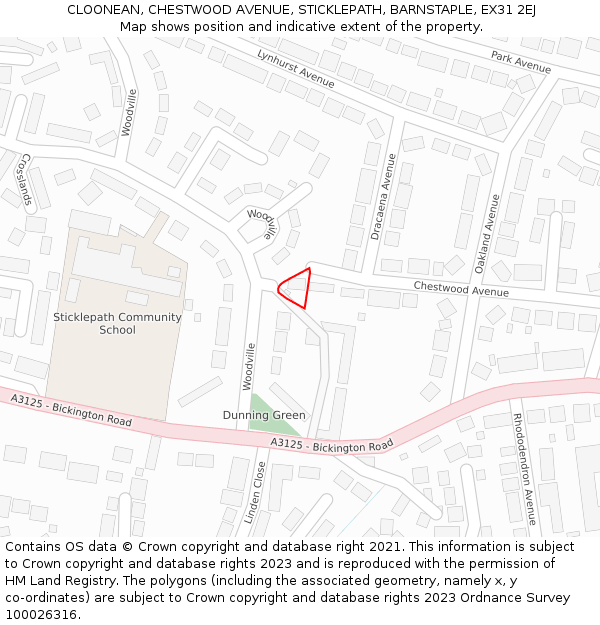 CLOONEAN, CHESTWOOD AVENUE, STICKLEPATH, BARNSTAPLE, EX31 2EJ: Location map and indicative extent of plot