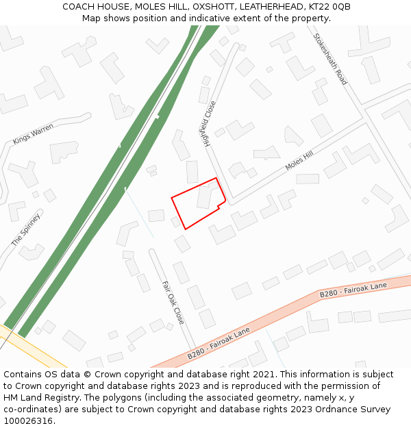 COACH HOUSE, MOLES HILL, OXSHOTT, LEATHERHEAD, KT22 0QB: Location map and indicative extent of plot