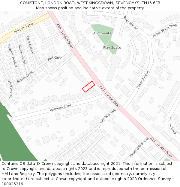 CONISTONE, LONDON ROAD, WEST KINGSDOWN, SEVENOAKS, TN15 6ER: Location map and indicative extent of plot